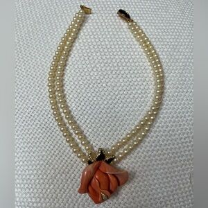 Vintage Double Strand Faux Pearl and Flower Necklace